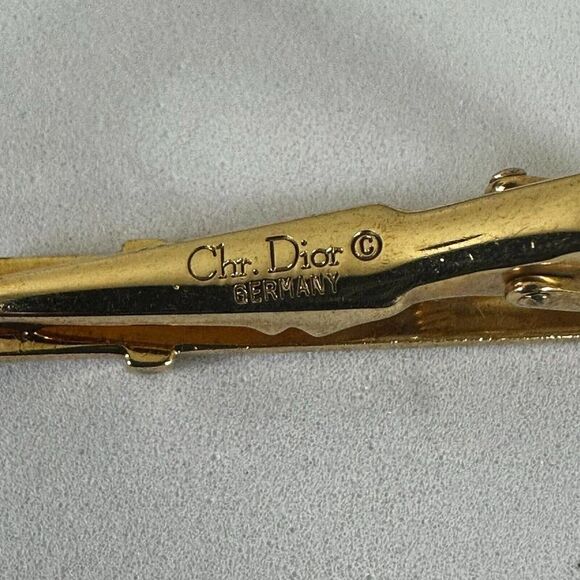 Christian Dior Tie Clasp Bar Clip Tack Necktie Logo Gold Toned Authentic - Picture 7 of 7